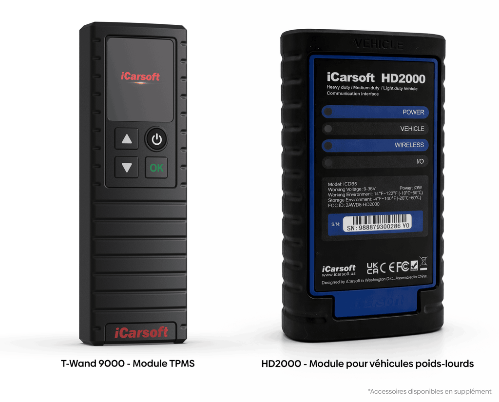Modules accessoires iCarsoft T-Wand 9000 TPMS et HD2000 pour véhicule poids lourd