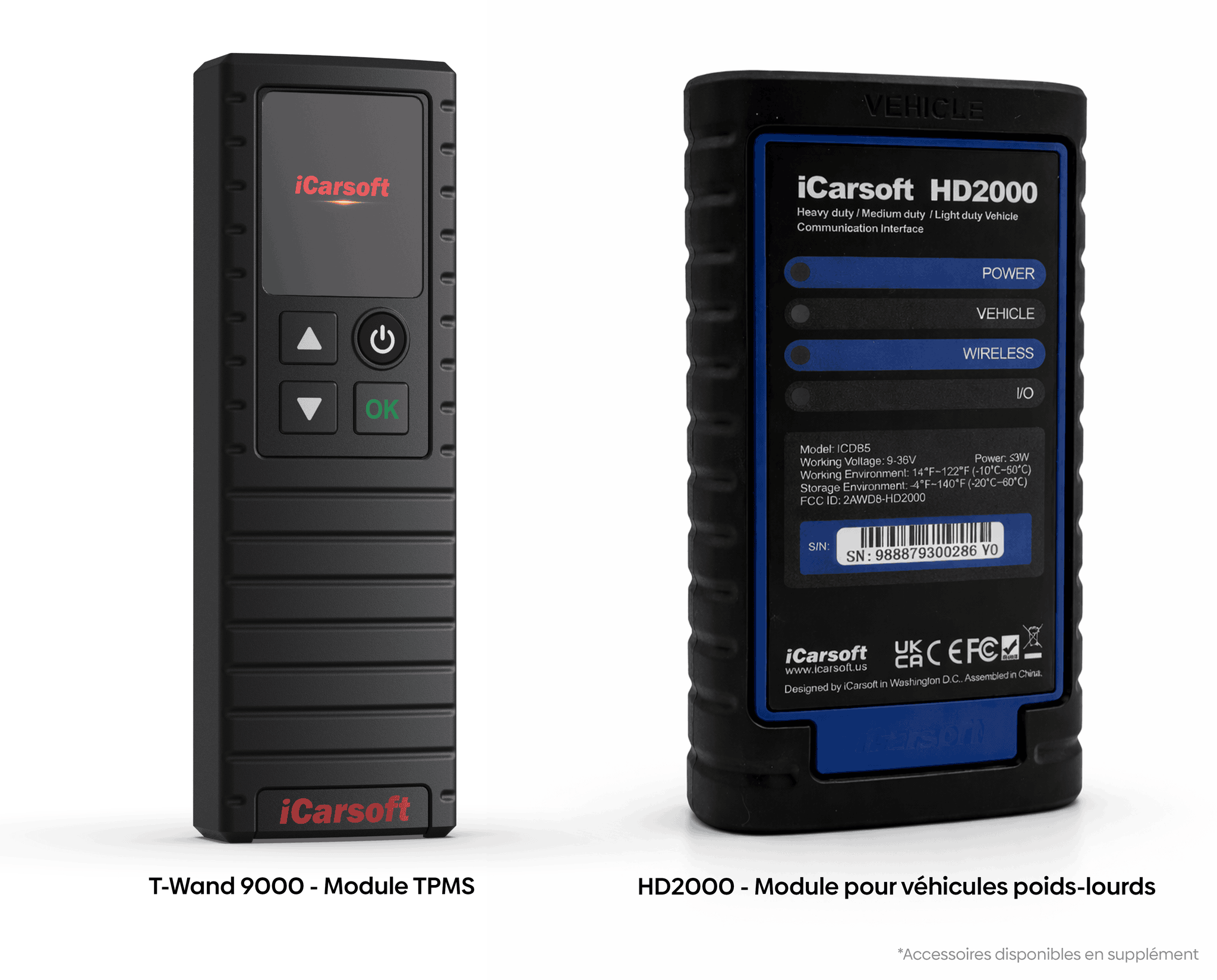 Modules accessoires iCarsoft T-Wand 9000 TPMS et HD2000 pour véhicule poids lourd