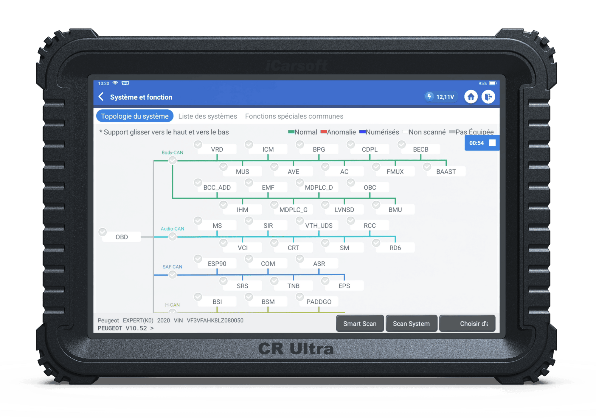 Ecran de la valise de diagnostic iCarsoft CR Ultra affichant la topologie du systeme Peugeot