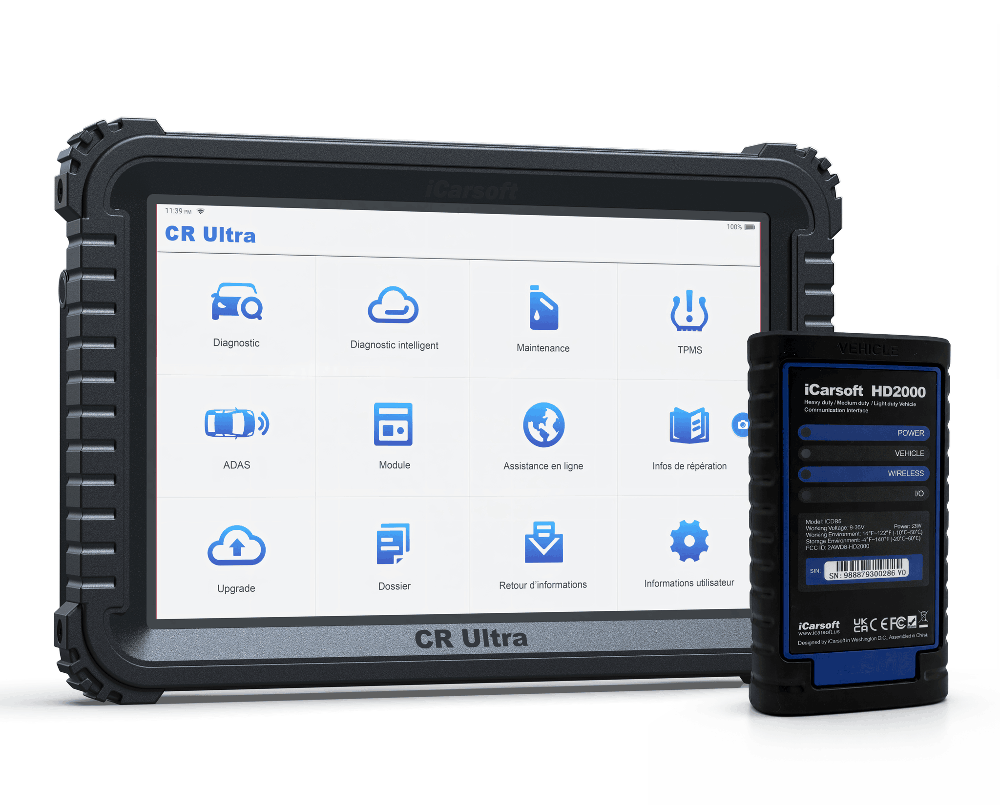 Valise de diagnostic multimarque iCarsoft CR Ultra avec son boîtier HD2000