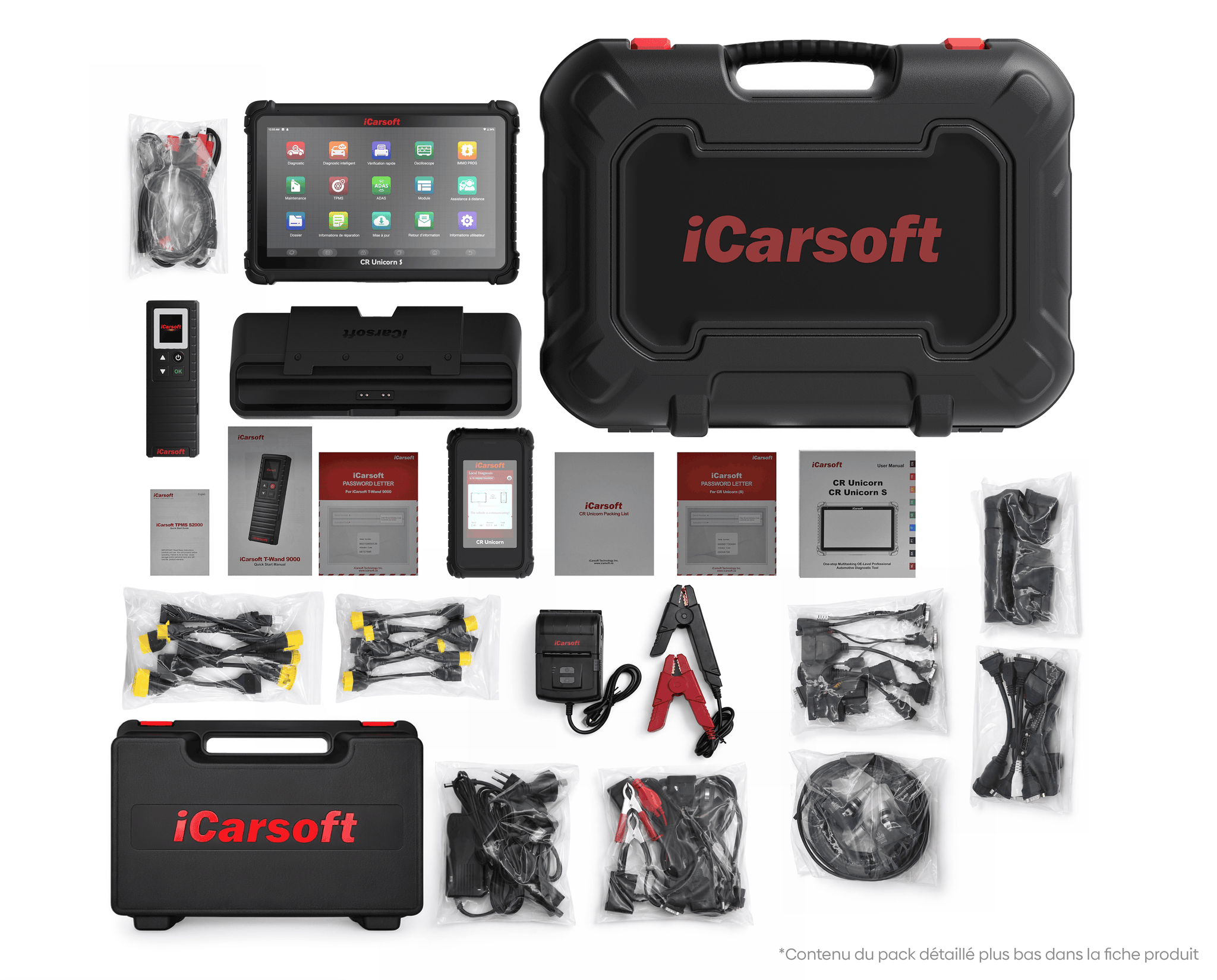 Pack complet de la valise de diagnostic multimarque iCarsoft CR Unicorn S avec tous ses accessoires