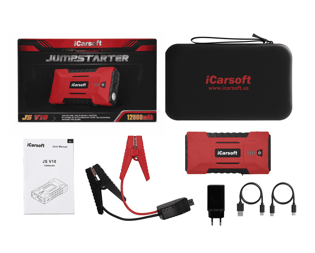 Pack complet du booster de batterie iCarsoft JS V10 avec pinces de démarrage et sacoche