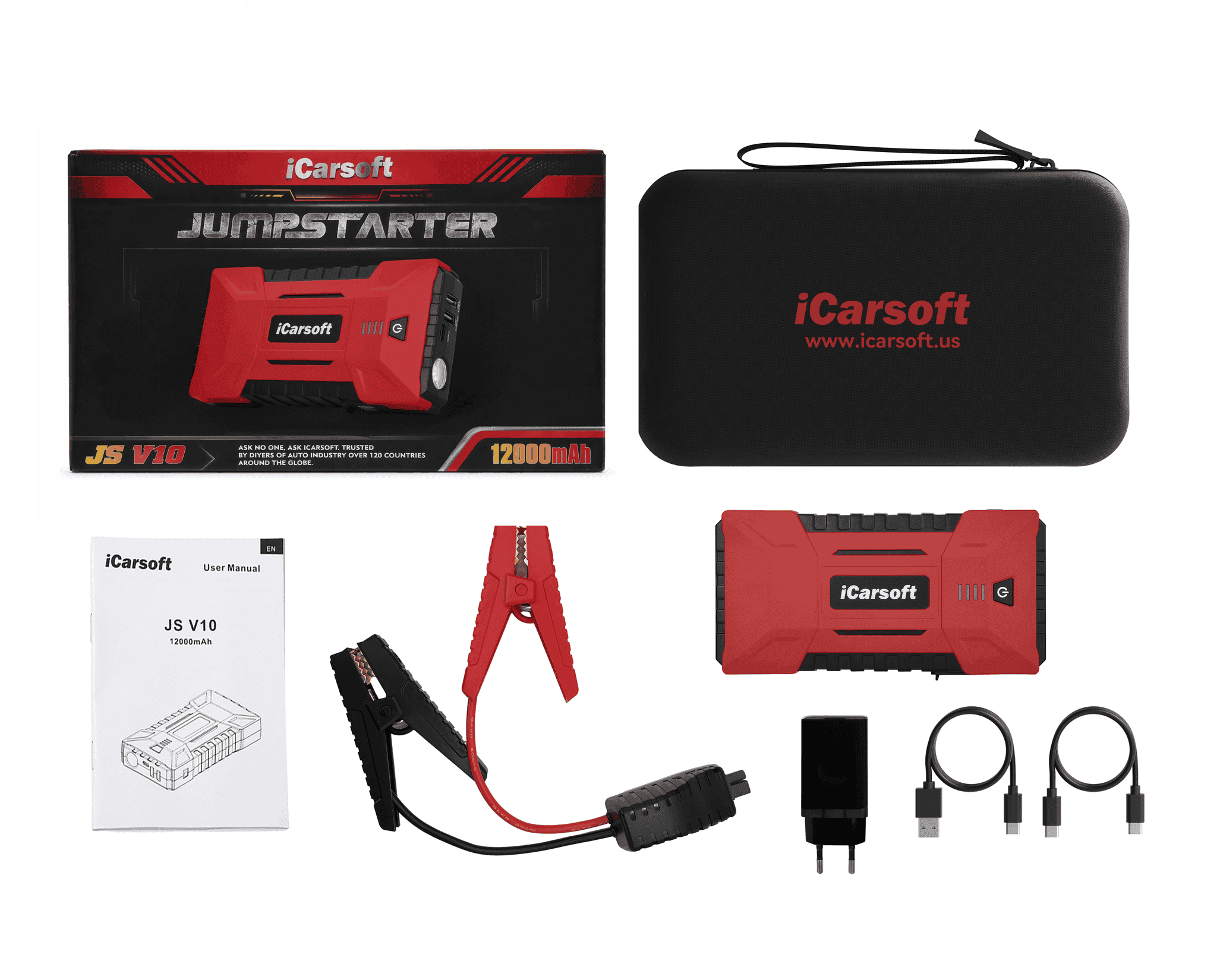 Pack complet du booster de batterie iCarsoft JS V10 avec pinces de démarrage et sacoche