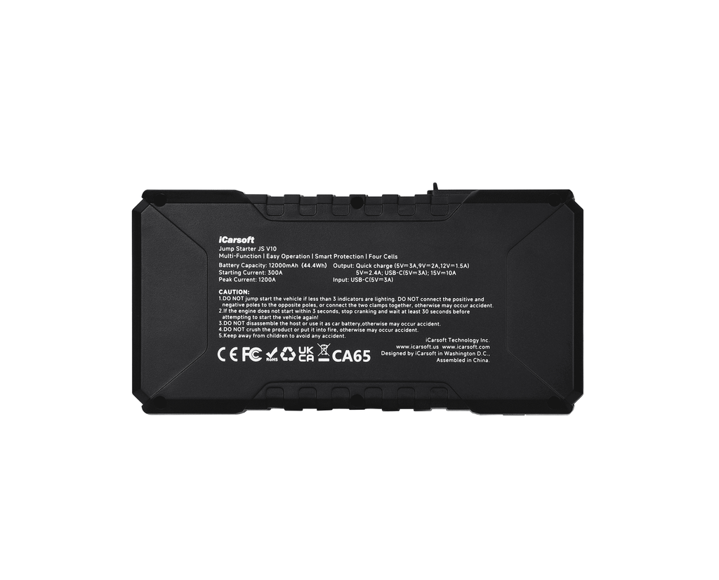 Vue arrière du booster de batterie iCarsoft JS V10 avec caractéristiques techniques