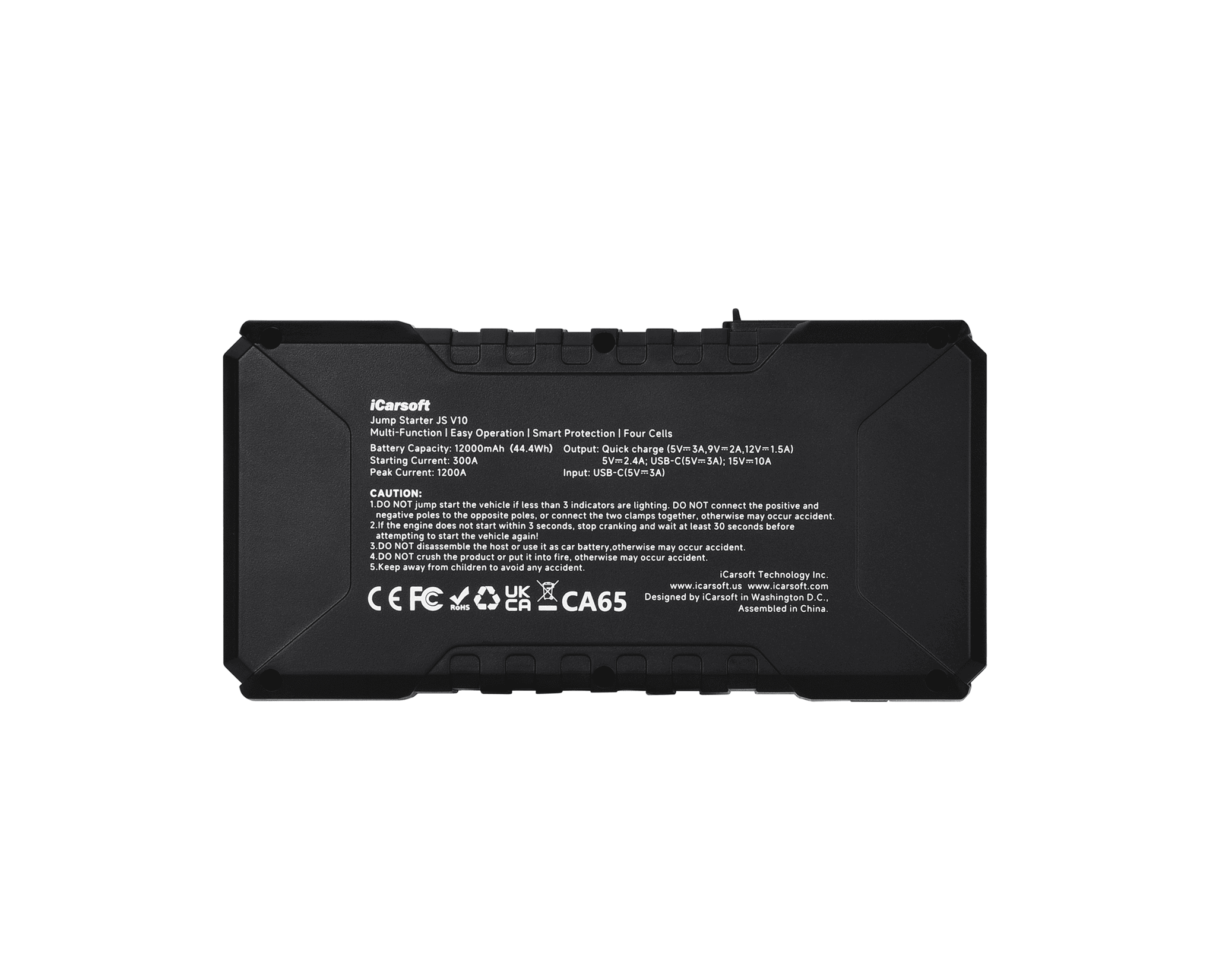 Vue arrière du booster de batterie iCarsoft JS V10 avec caractéristiques techniques