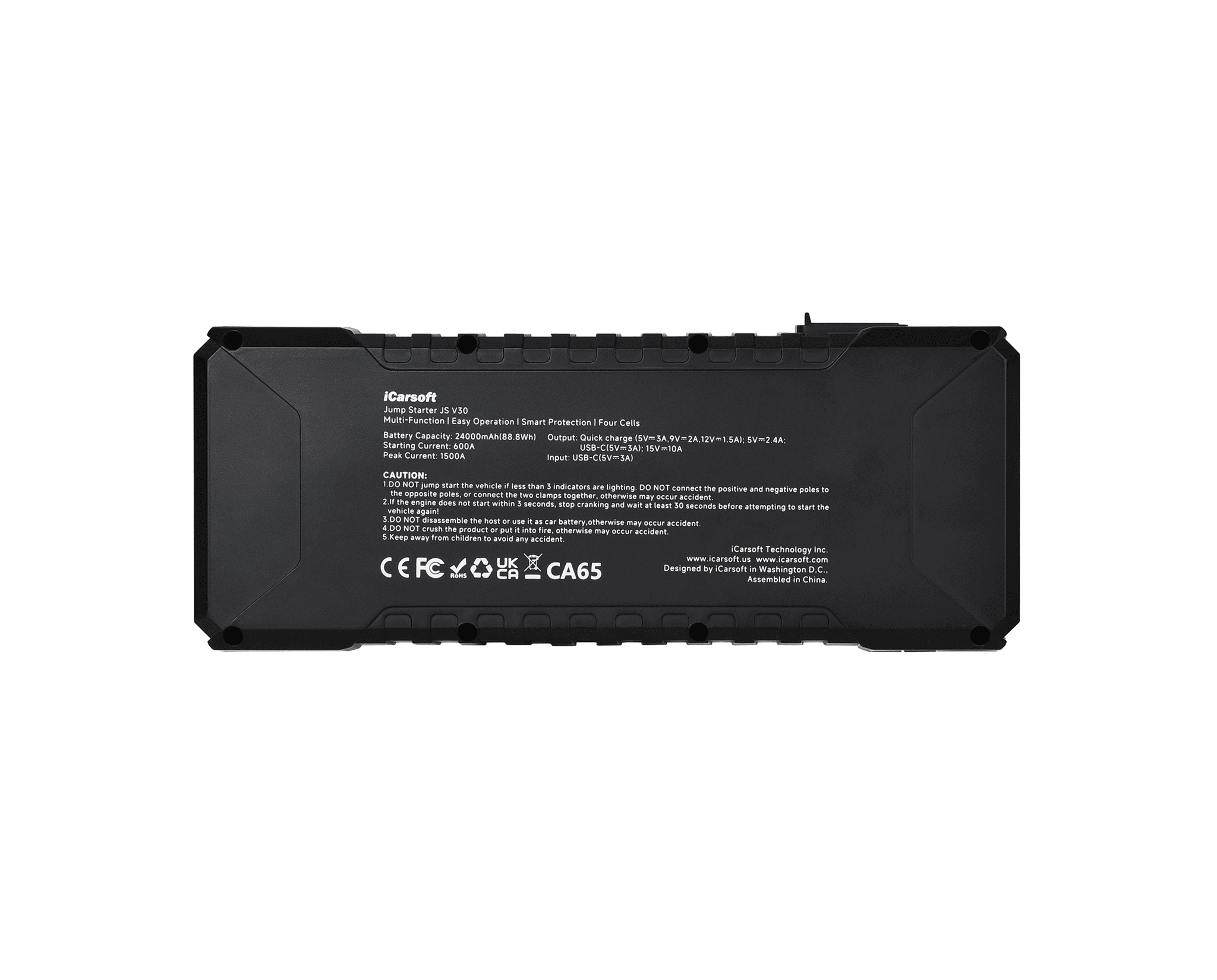 Vue arrière du booster de batterie iCarsoft JS V30 avec ses spécifications et consignes