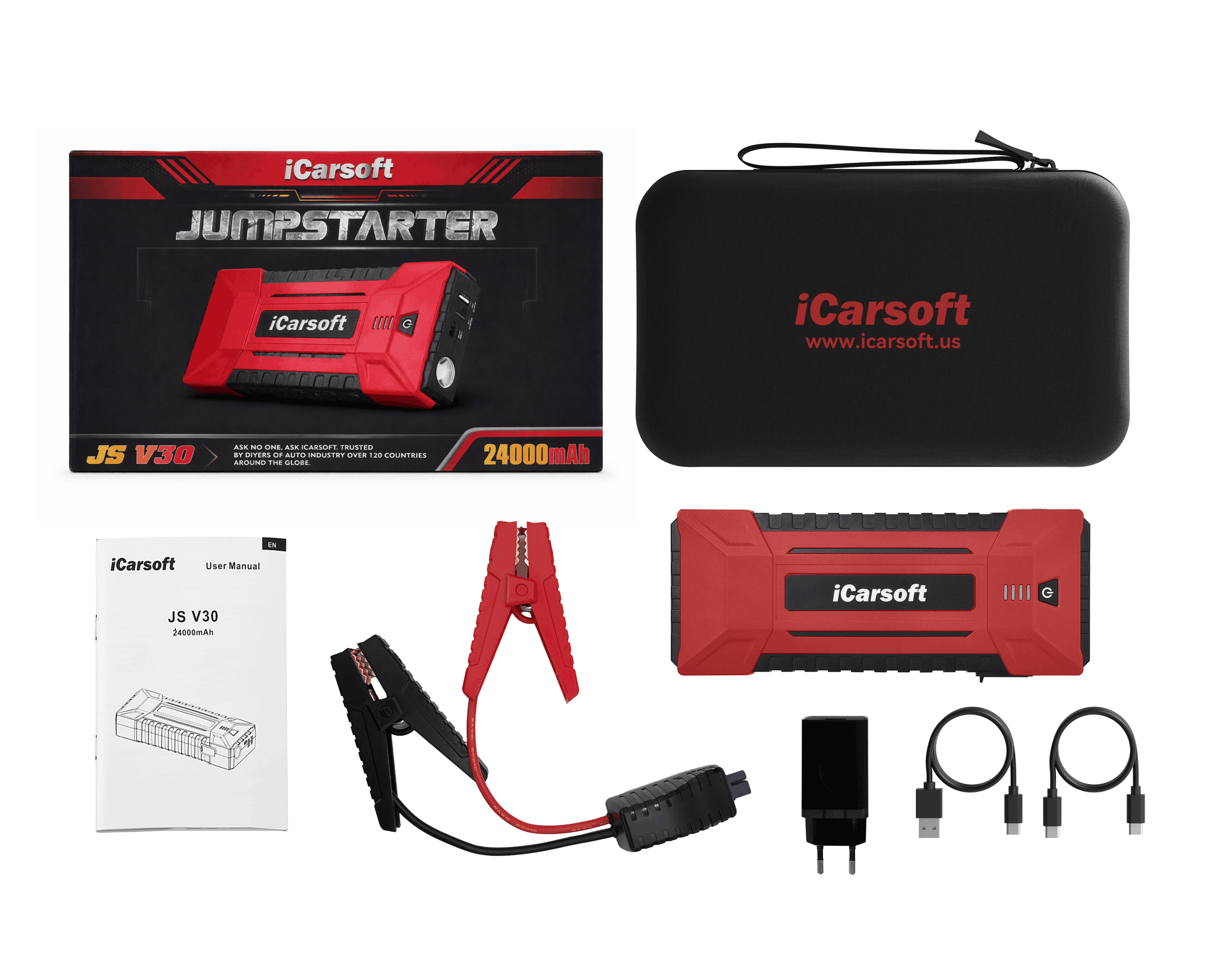 Pack complet avec booster de batterie iCarsoft JS V30 cables de demarrage et housse