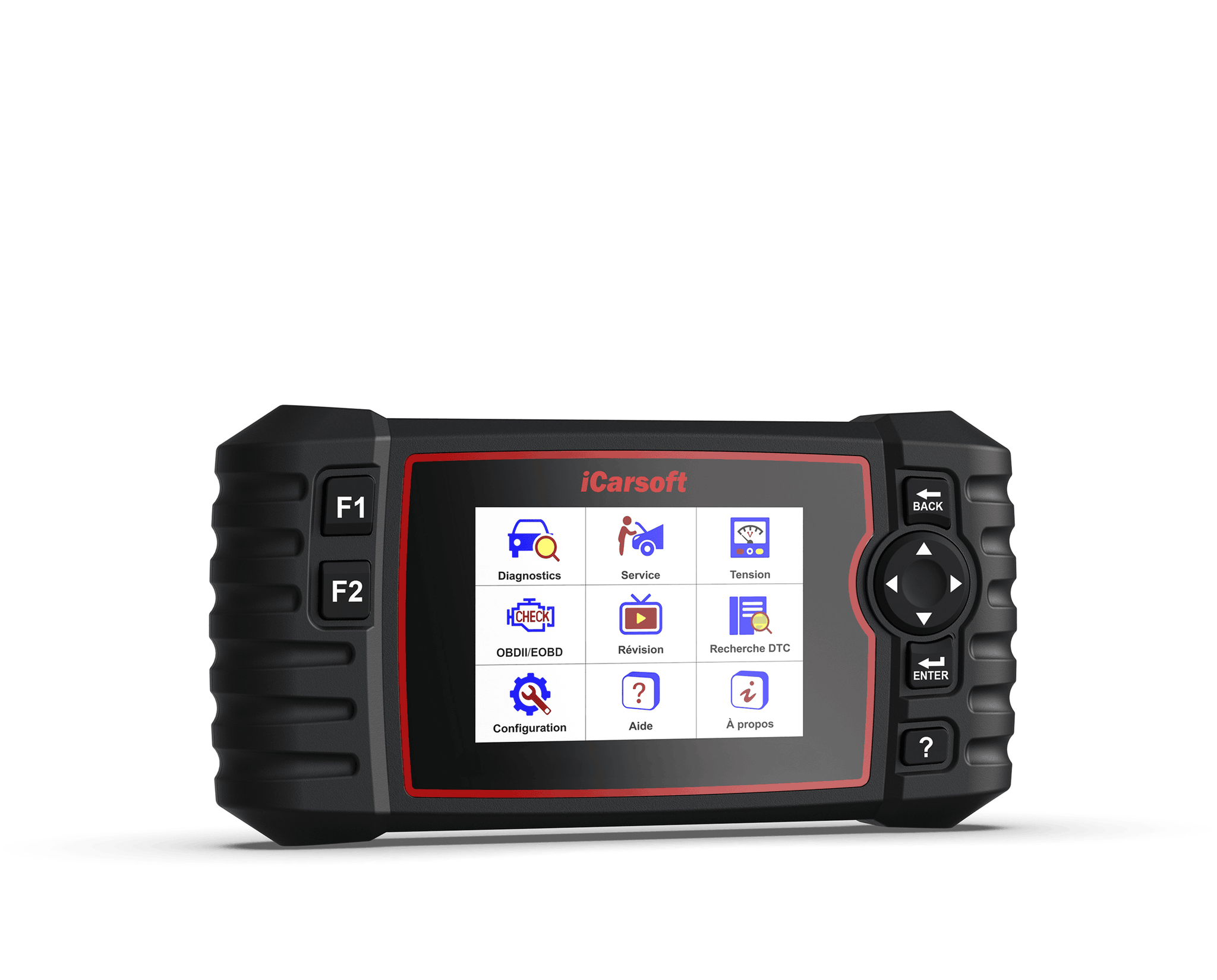 Boîtier de diagnostic iCarsoft affichant le menu de mise à jour et service