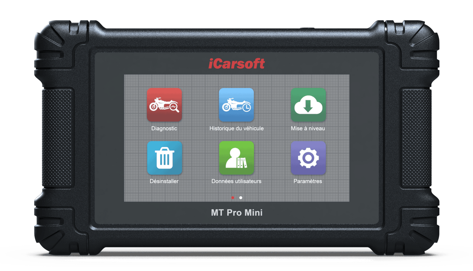 Ecran de la valise de diagnostic moto iCarsoft MT Pro Mini affichant son menu en francais