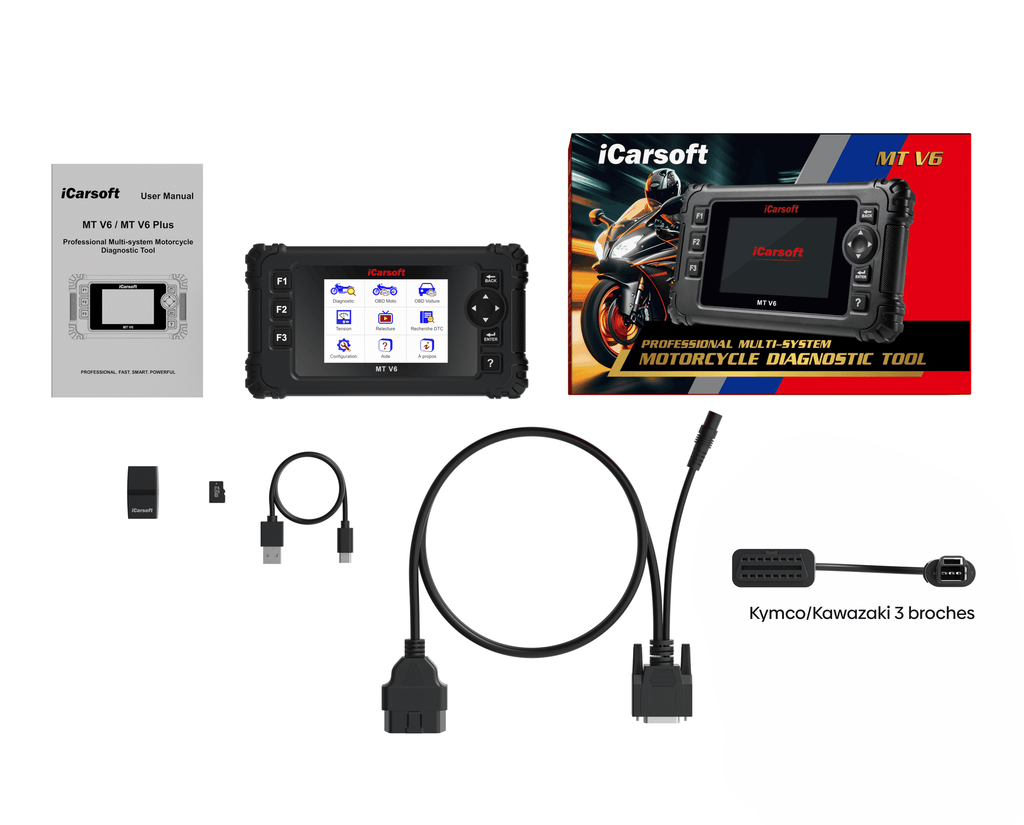 Pack de diagnostic moto iCarsoft MT V6 avec adaptateur Kymco et Kawasaki 3 broches