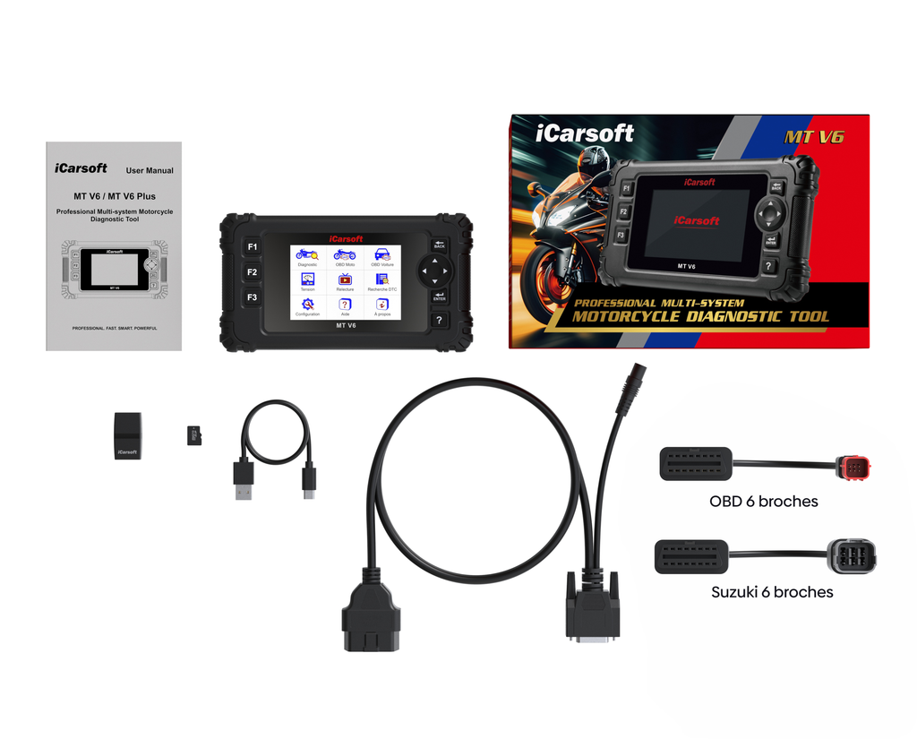 Pack complet de la valise de diagnostic moto iCarsoft MT V6 avec ses câbles de connexion OBD et Suzuki