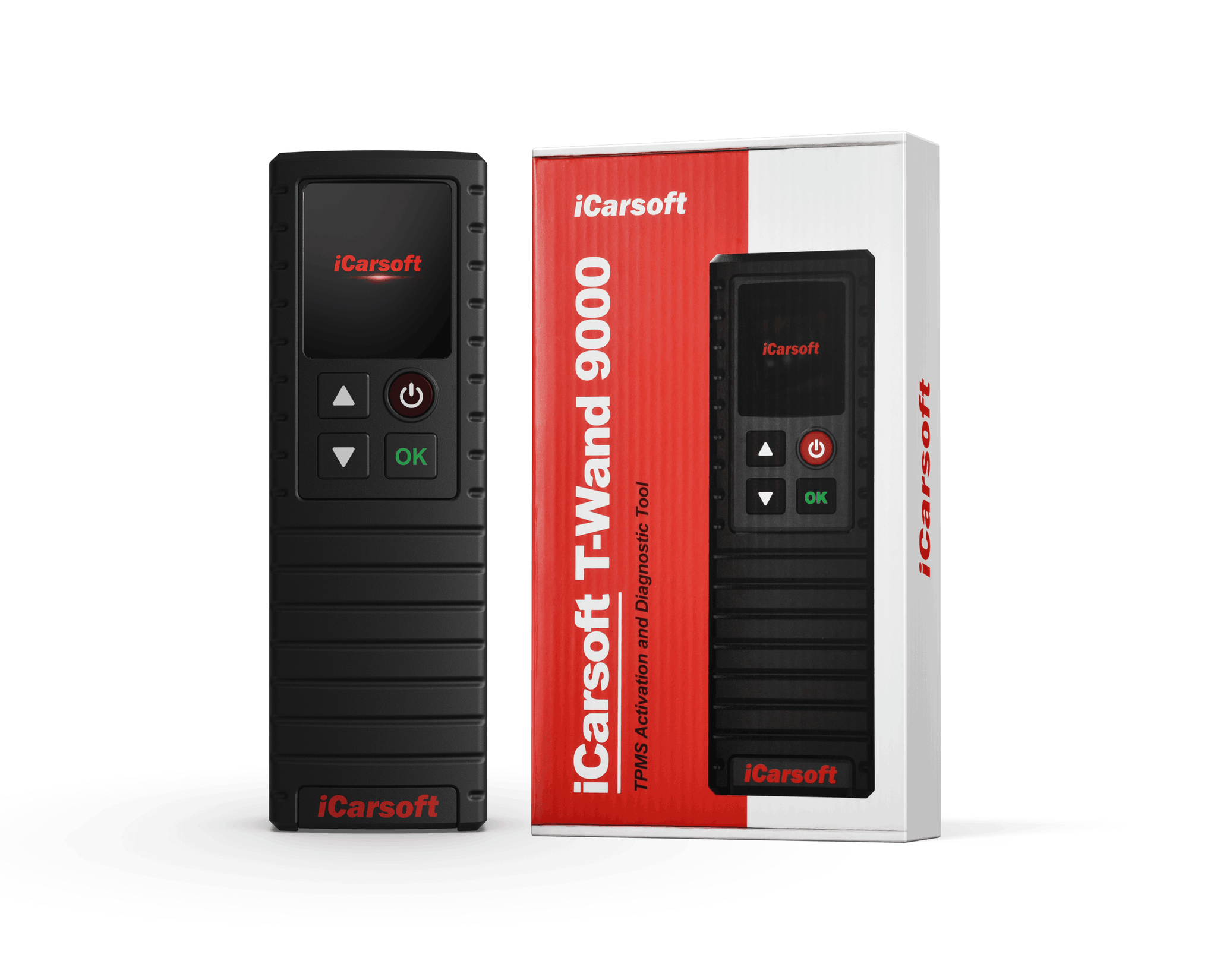 Module de diagnostic TPMS iCarsoft T-Wand 9000 à côté de sa boîte d'origine