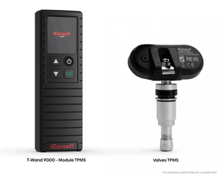 Module iCarsoft T-Wand 9000 à côté d'une valve de capteur TPMS S2000