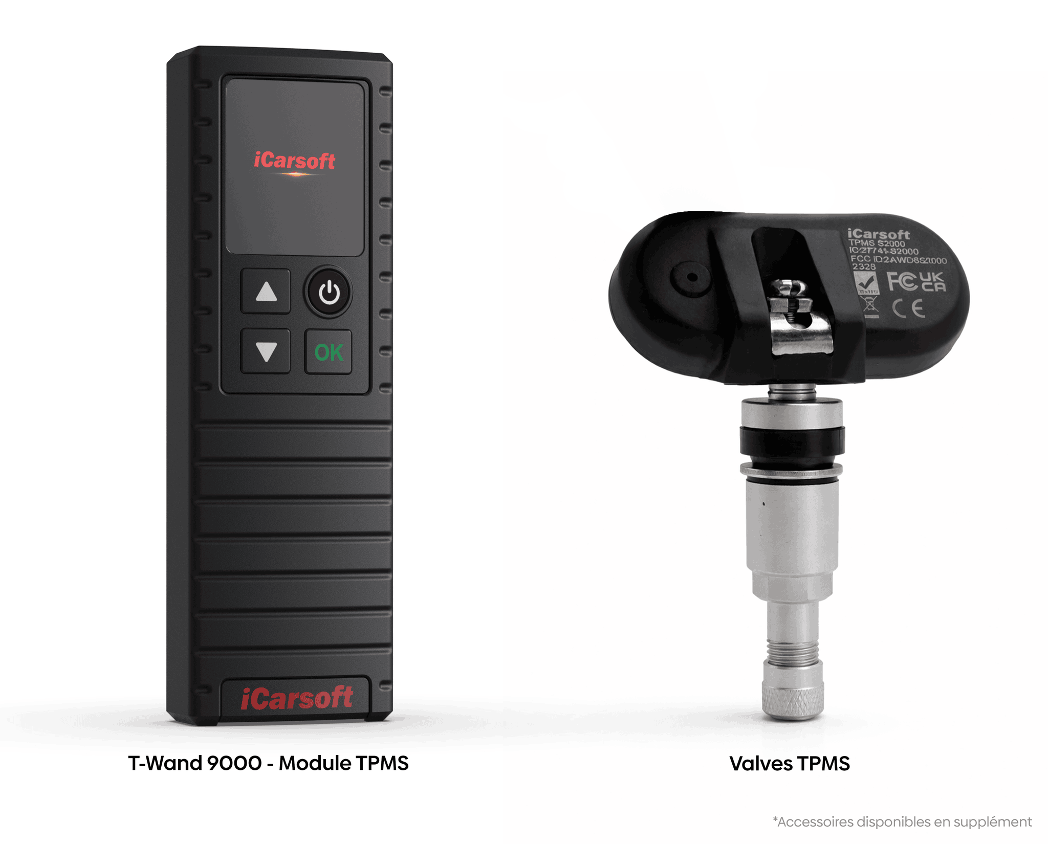 Module iCarsoft T-Wand 9000 à côté d'une valve de capteur TPMS S2000