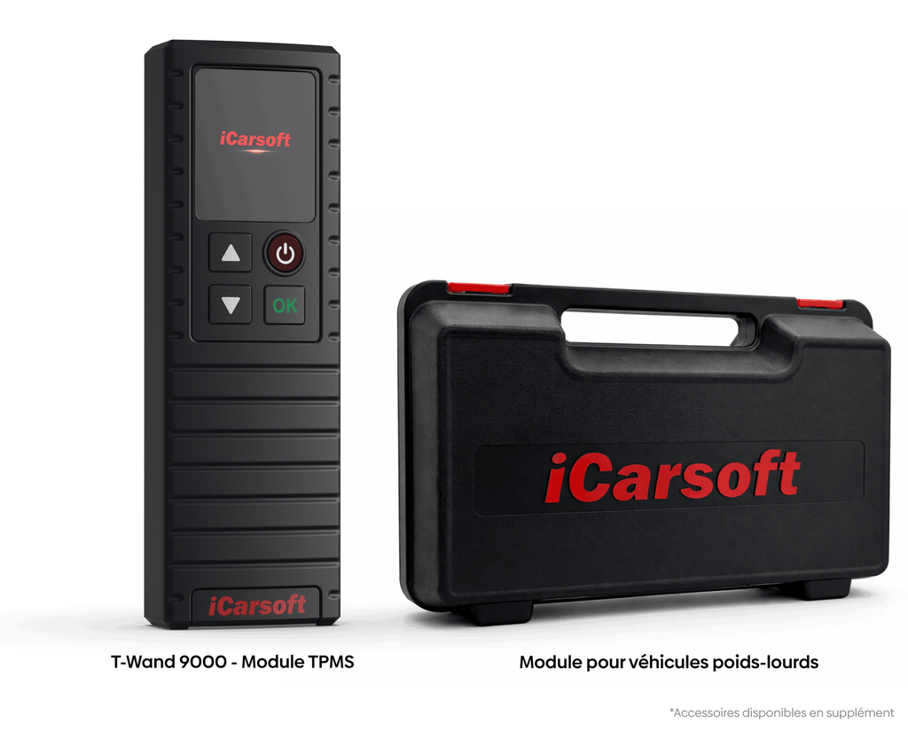 Module TPMS iCarsoft T-Wand 9000 à côté de sa mallette pour véhicules poids lourds