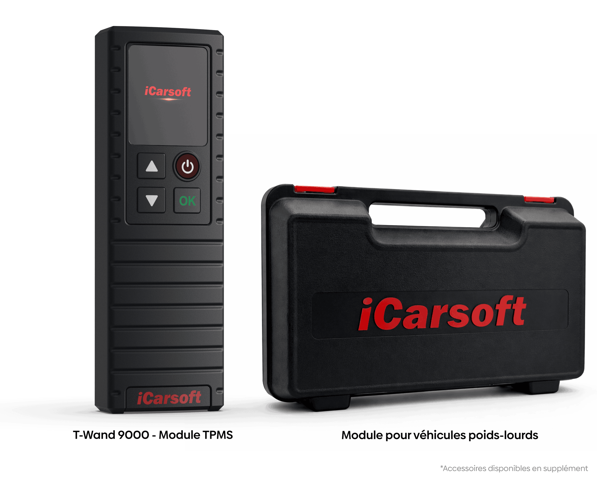 Module TPMS iCarsoft T-Wand 9000 à côté de sa mallette pour véhicules poids lourds