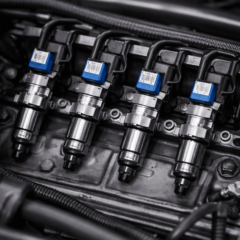 Quatre injecteurs de moteur de voiture avec codes barres et connecteurs bleus