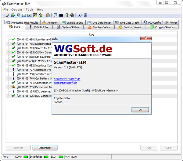 Capture d écran de l interface du logiciel de diagnostic auto ScanMaster ELM avec statut de connexion