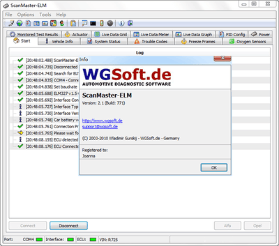 Capture d écran de l interface du logiciel de diagnostic auto ScanMaster ELM avec statut de connexion
