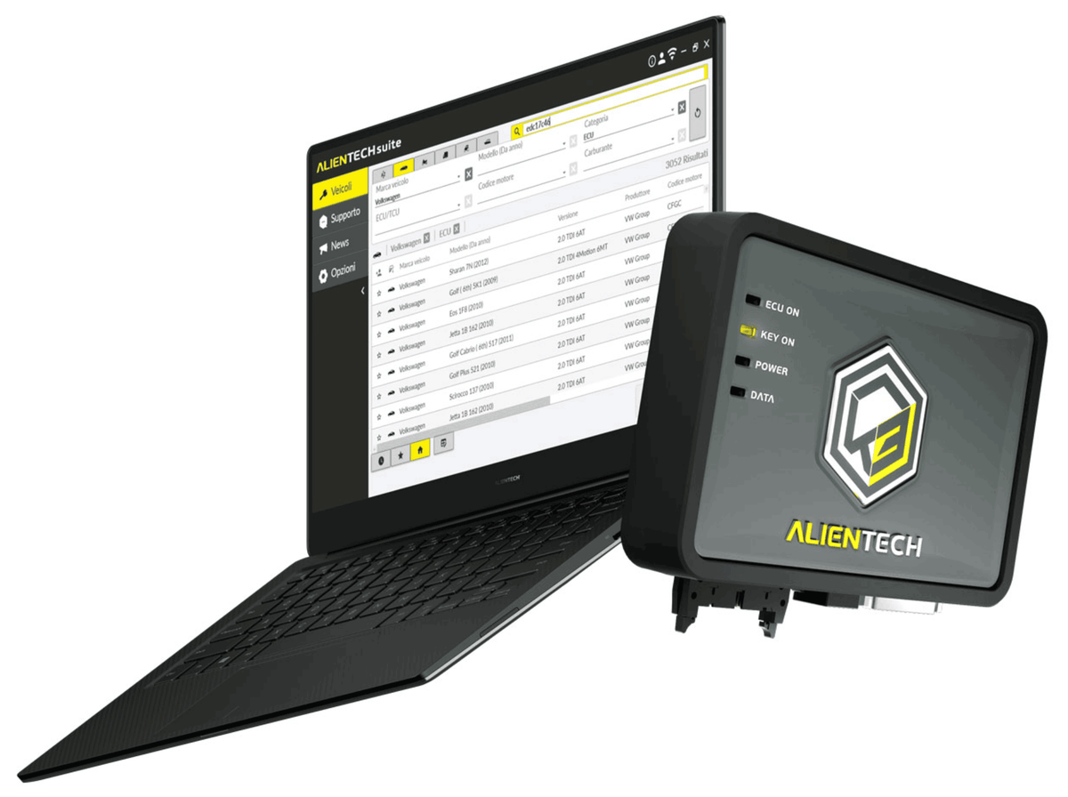 Outil de programmation moteur KESS3 Alientech et logiciel de chiptuning sur PC portable