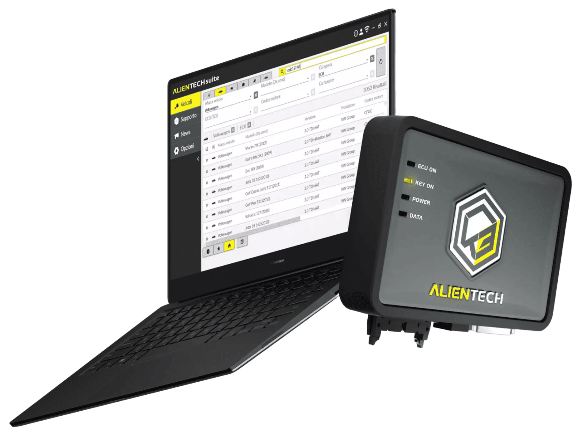 Boîtier Kess3 Alientech et ordinateur portable avec le logiciel de reprogrammation moteur