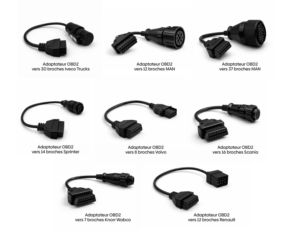 Ensemble de huit câbles adaptateurs OBD2 pour le diagnostic de camions et poids lourds