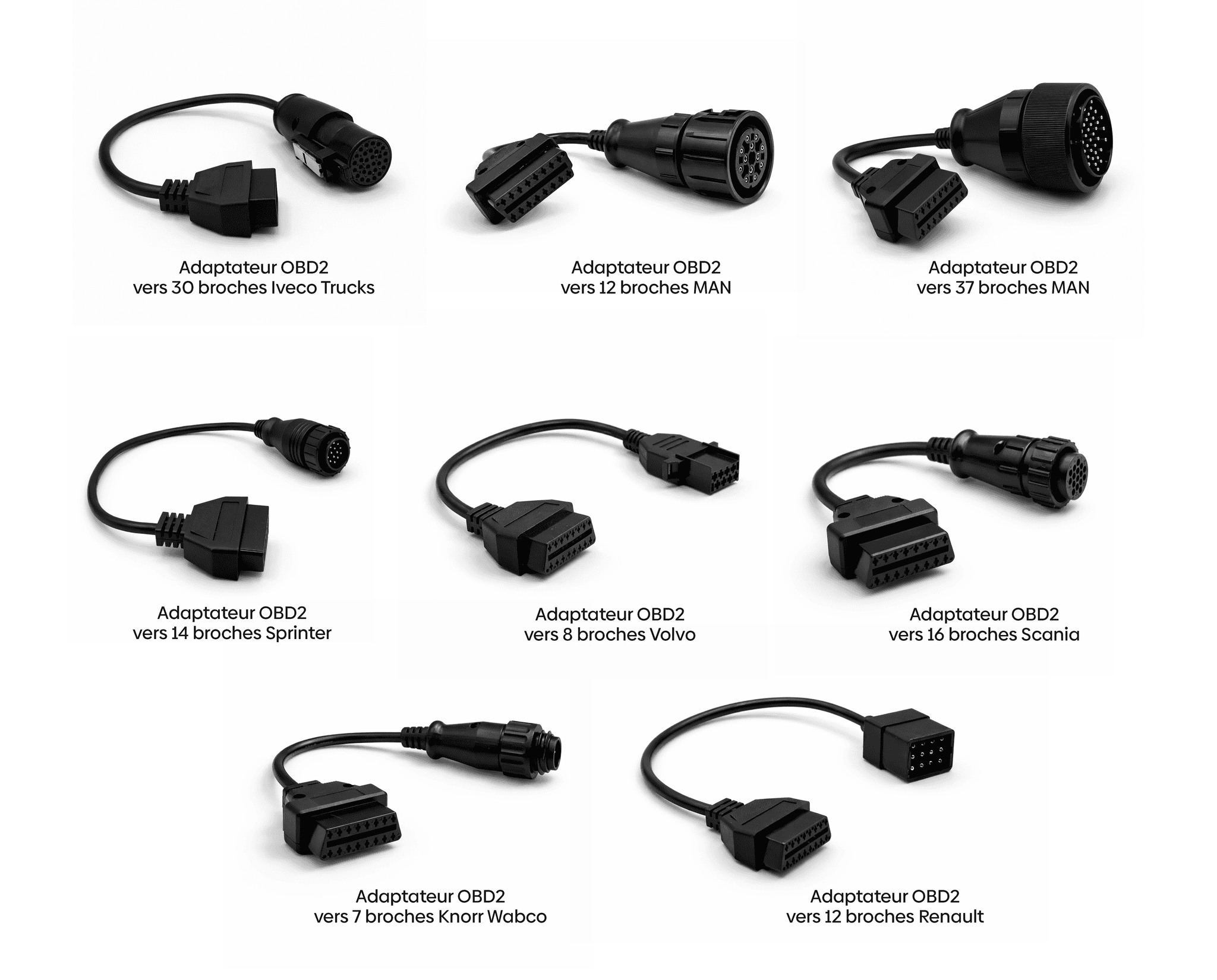 Ensemble de huit câbles adaptateurs OBD2 pour le diagnostic de camions et poids lourds
