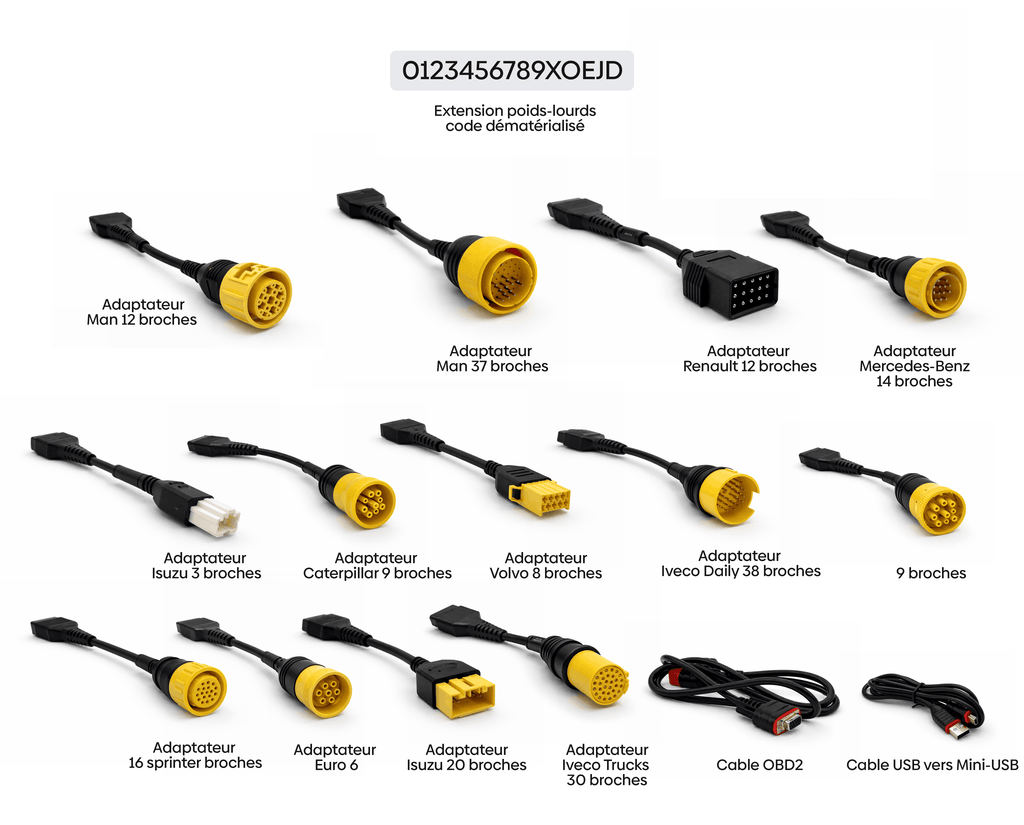 Kit complet de câbles et adaptateurs OBD pour diagnostic poids lourds iCarsoft