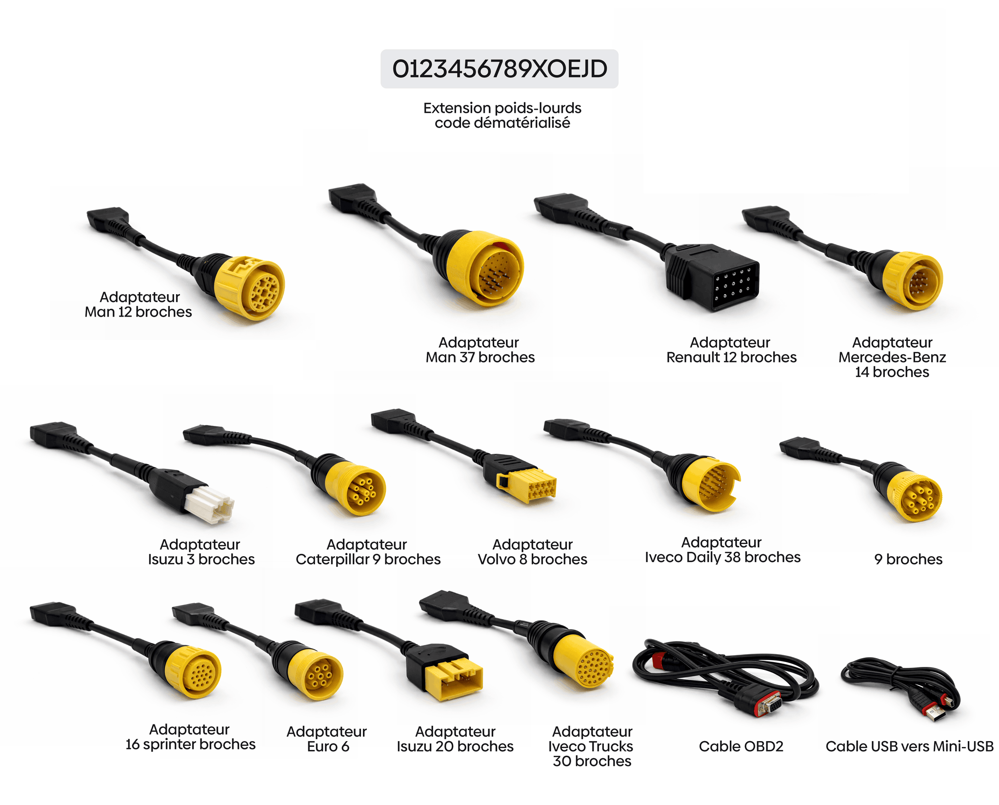 Kit complet de câbles et adaptateurs OBD pour diagnostic poids lourds iCarsoft
