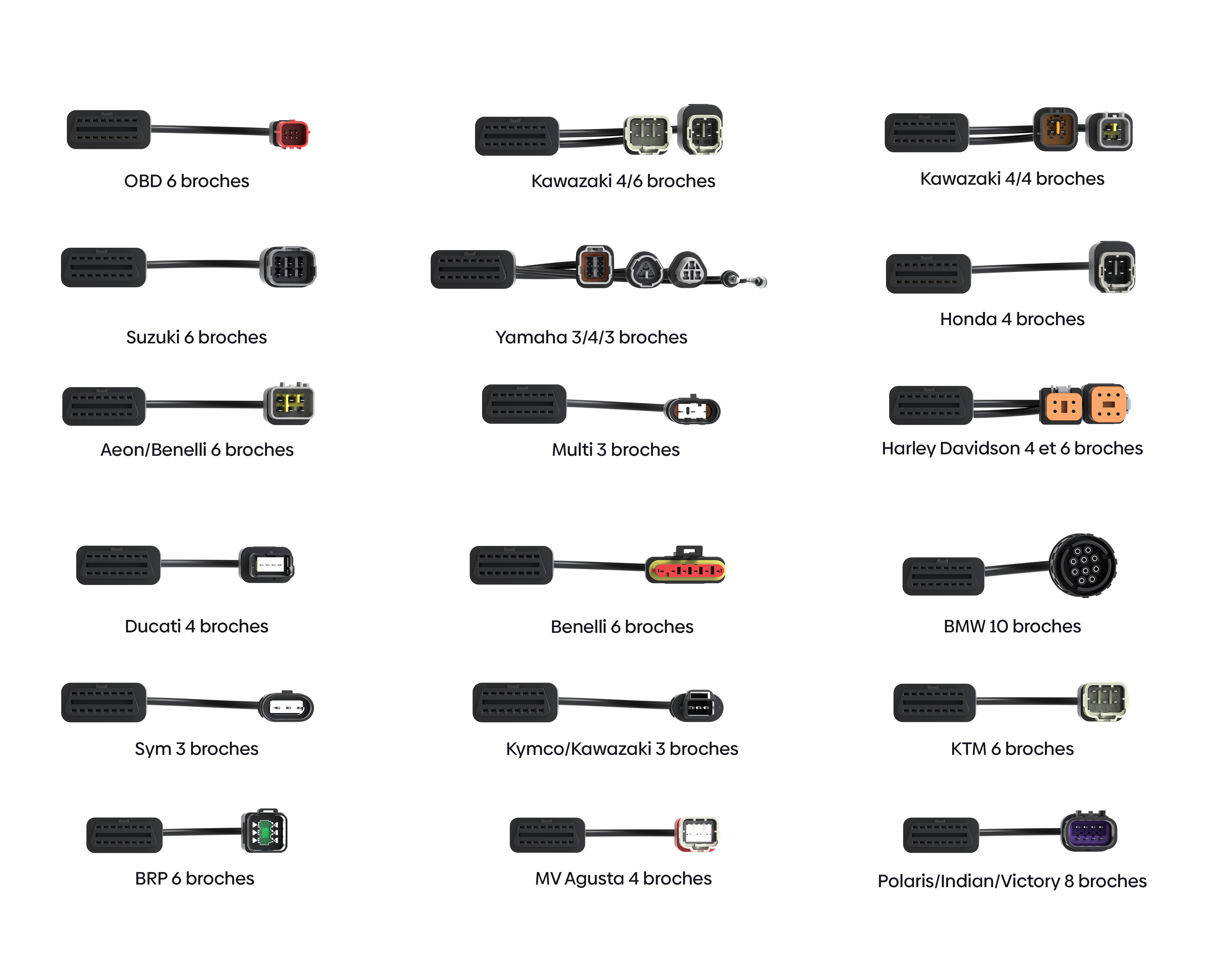 Ensemble de cables adaptateurs OBD2 pour diagnostic de differentes marques de motos