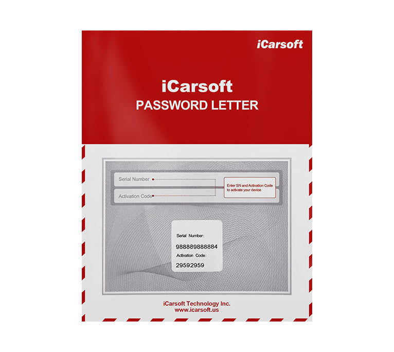Lettre de mot de passe avec codes de licence et activation de la valise iCarsoft CR Ultra P