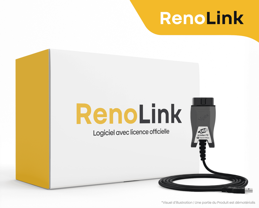Boîte du logiciel de diagnostic officiel RenoLink avec son interface vGate vLinker FS