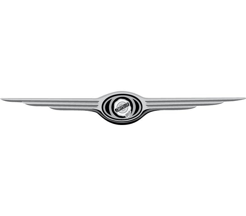 Logo officiel argenté de la marque automobile américaine Chrysler sur fond blanc
