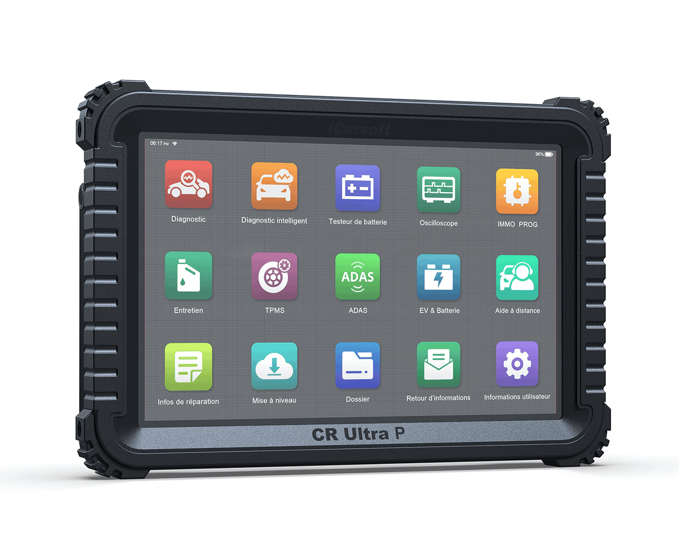 Tablette de diagnostic multimarque iCarsoft CR Ultra P affichant le menu de mise à jour