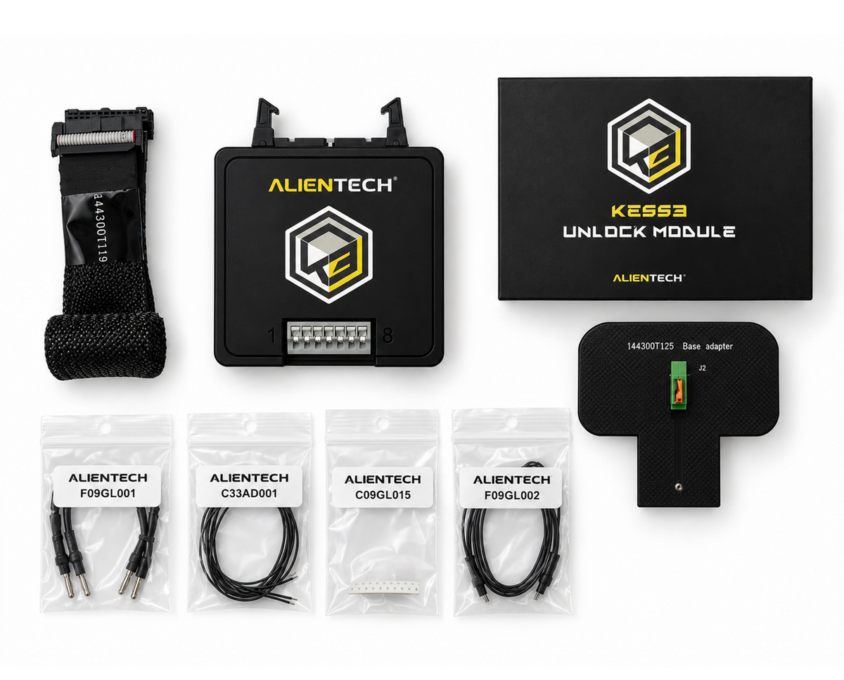Pack complet officiel Alientech KESS3 Unlock Module avec boîtier, nappe, adaptateur et câblages Glitch