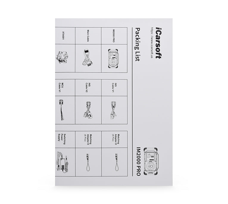 Liste de colisage et guide des accessoires inclus avec la valise iCarsoft IM2000 Pro