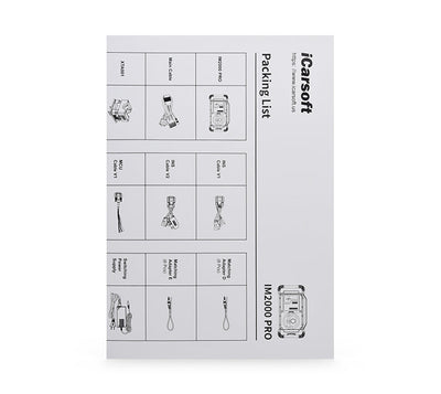 Liste de colisage et guide des accessoires inclus avec la valise iCarsoft IM2000 Pro