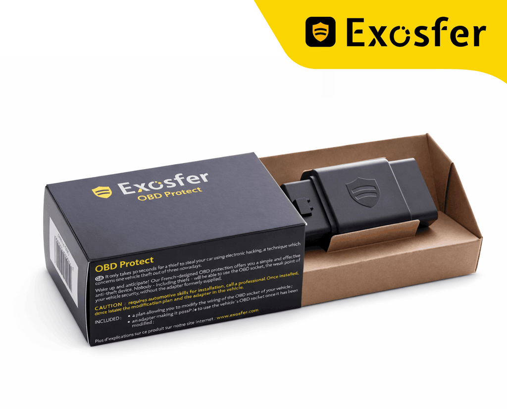 Boîtier et emballage de l'antivol de voiture Exosfer OBD Protect contre le piratage informatique