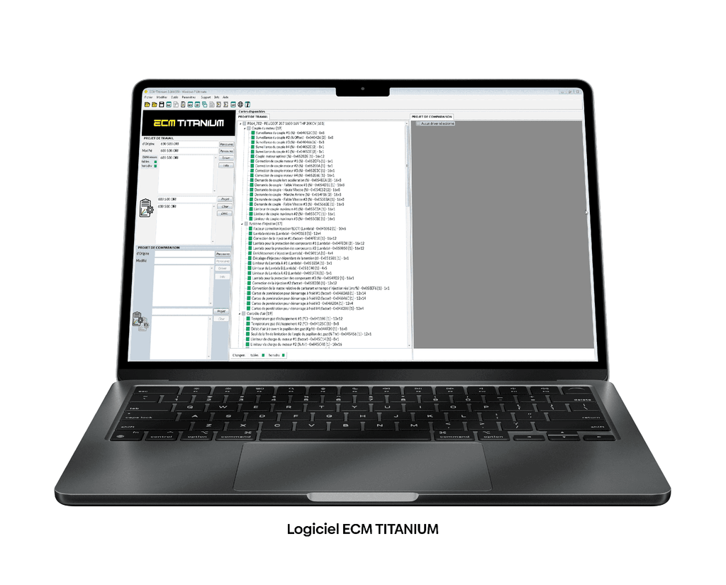Ordinateur portable affichant l interface du logiciel de reprogrammation moteur ECM Titanium
