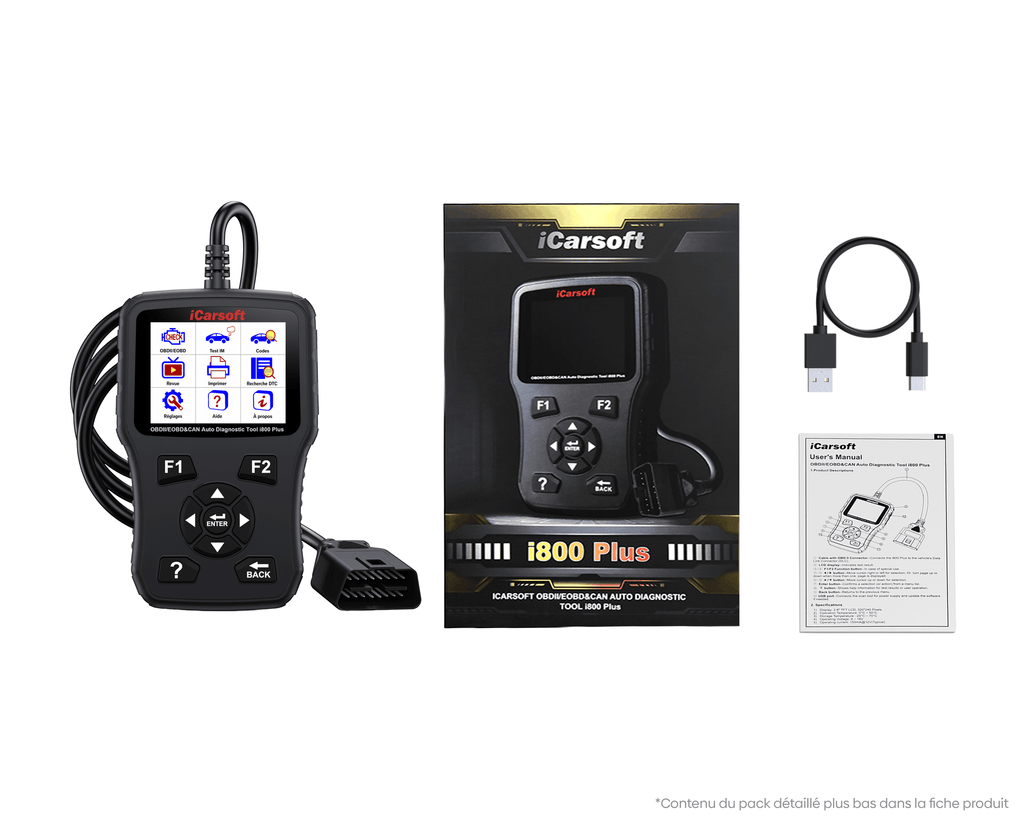 Pack complet contenant le boitier iCarsoft i800 Plus avec ses câbles et son manuel d utilisation