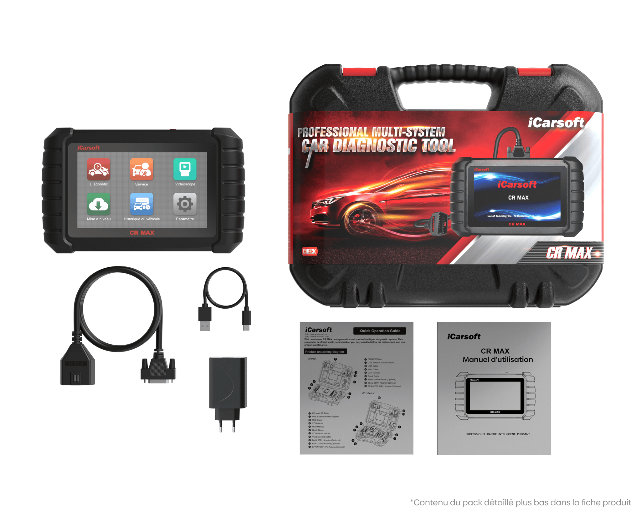 Pack complet de la valise de diagnostic multimarque iCarsoft CR Max avec câbles et notices