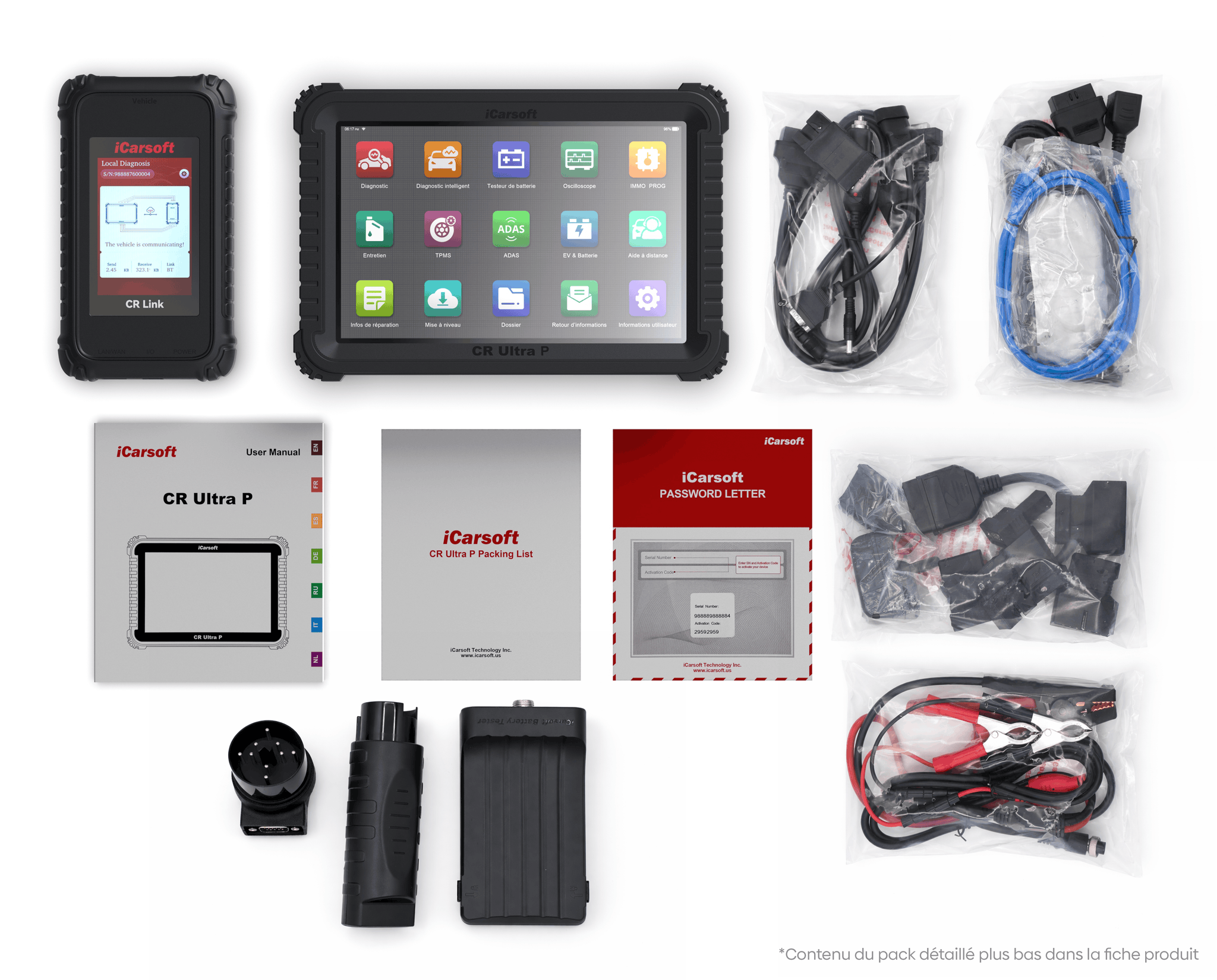 Pack complet de la valise de diagnostic multi-marque iCarsoft CR Ultra P avec tous ses accessoires