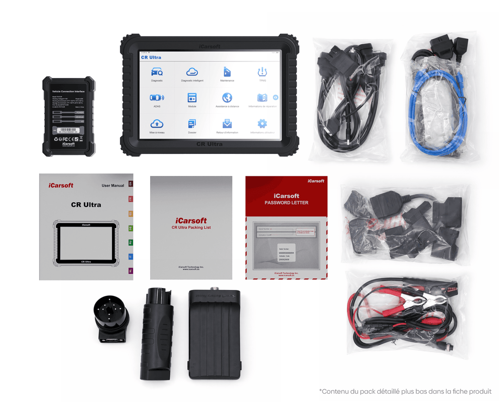 Pack complet de la valise de diagnostic multimarque iCarsoft CR Ultra avec tous ses accessoires