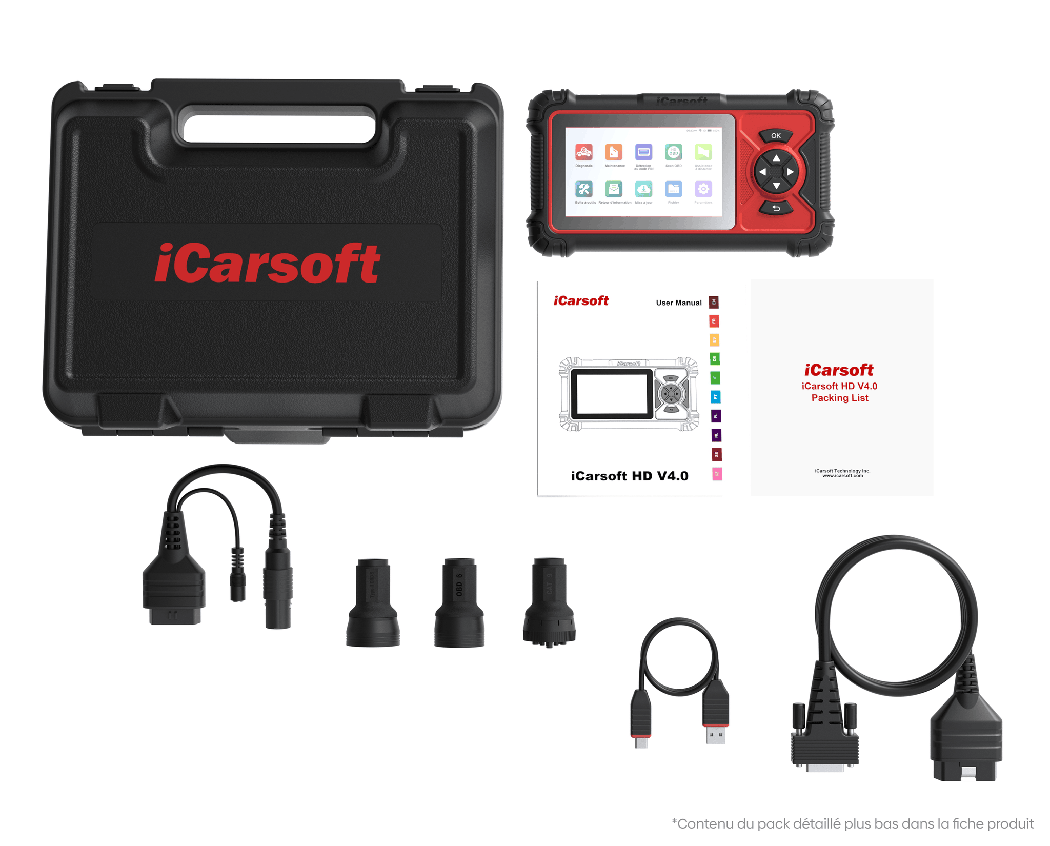 Pack complet de la valise de diagnostic pour poids lourds iCarsoft HD V4 avec accessoires