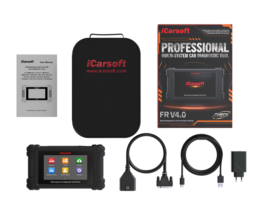Pack complet de la valise de diagnostic iCarsoft FR V4.0 avec câbles et housse
