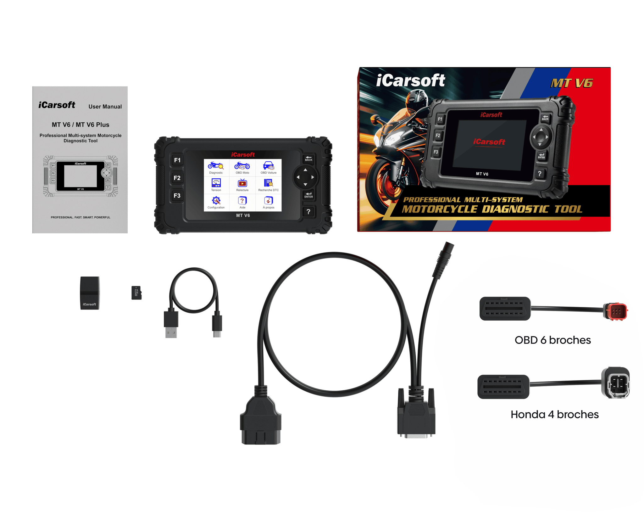 Pack complet valise diagnostic moto iCarsoft MT V6 avec adaptateur Honda