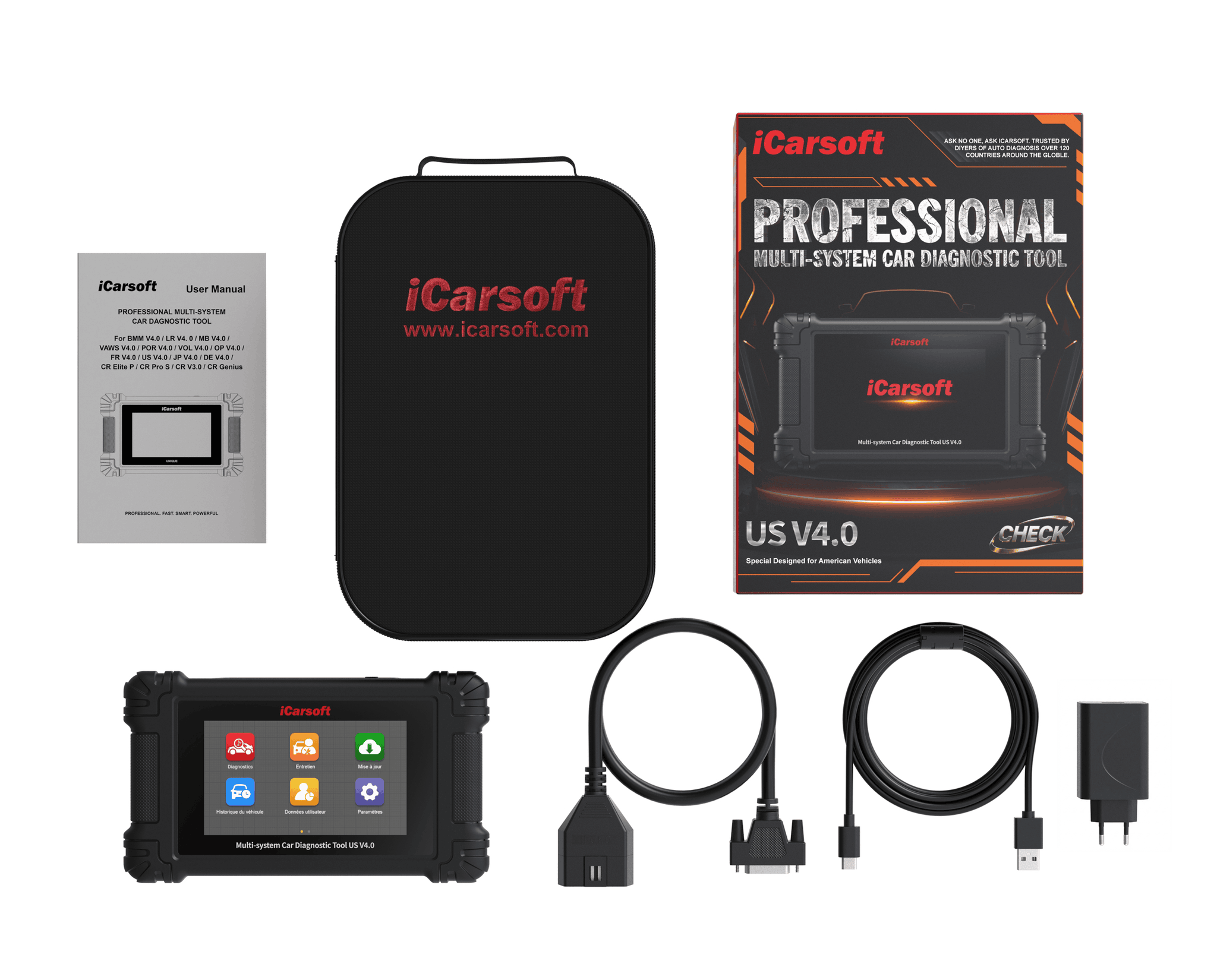 Pack complet avec valise de diagnostic iCarsoft US V4.0 sacoche de transport câbles et notice