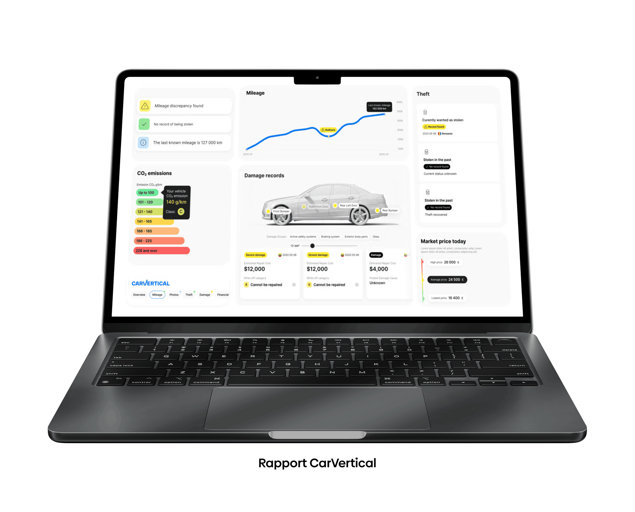 Visualisation d un rapport d historique de voiture d occasion carVertical sur un ordinateur portable