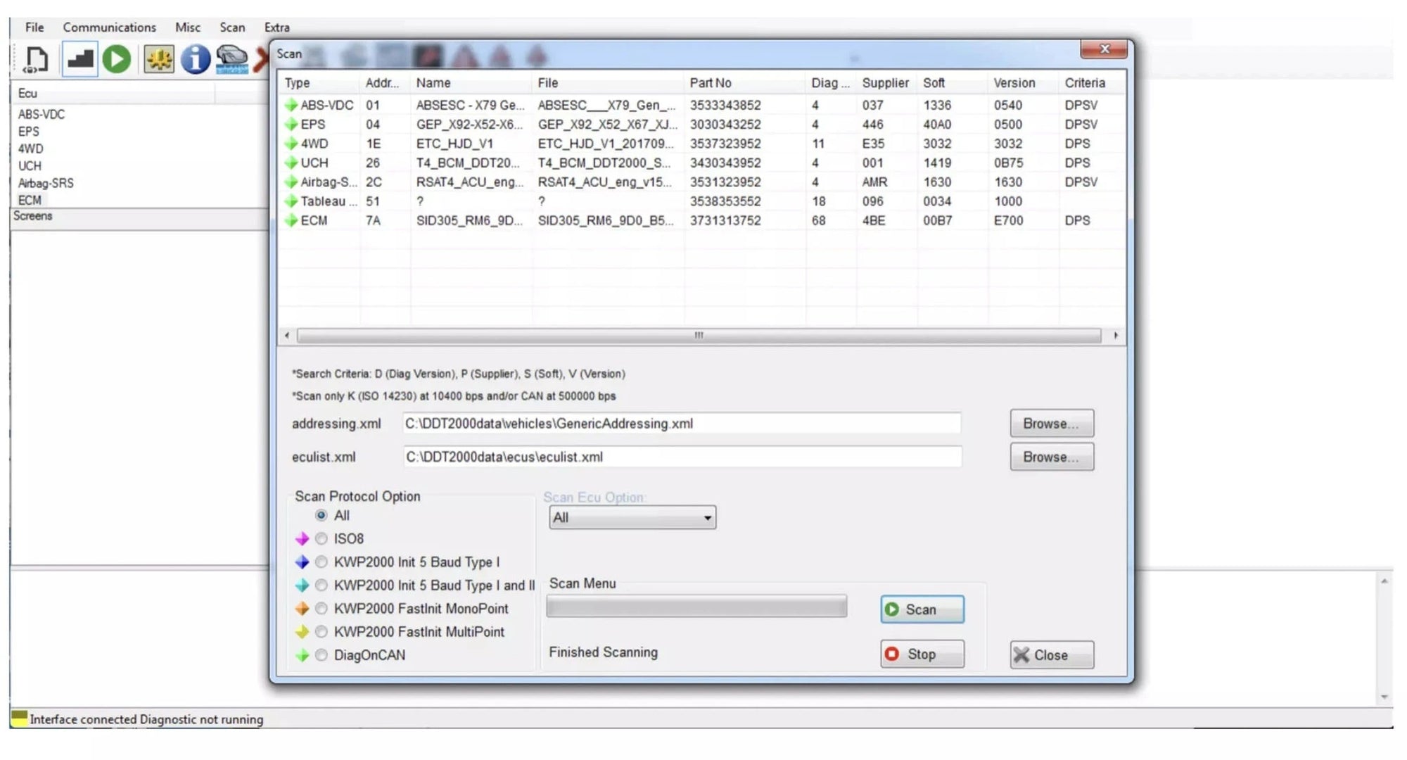 Interface du logiciel de diagnostic auto Renolink affichant les calculateurs de vehicules Renault