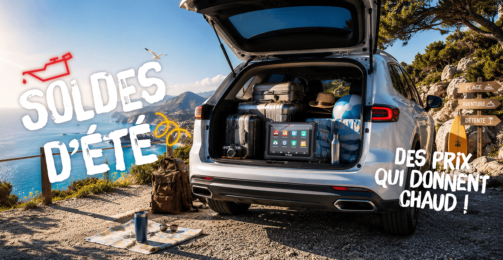 Bannière des soldes d'été iCarsoft avec une valise de diagnostic CR Eagle dans le coffre d'une voiture